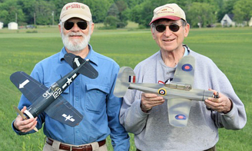 Wally and Stew with big grins and new planes! Wally has the F4U which flew for over two minutes and Stew with a beautiful Earl Stahl Blackburn Skua.